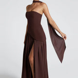 Elena – Maxi Haljina s Otvorenim Ramena, Raskidom i Chokerom